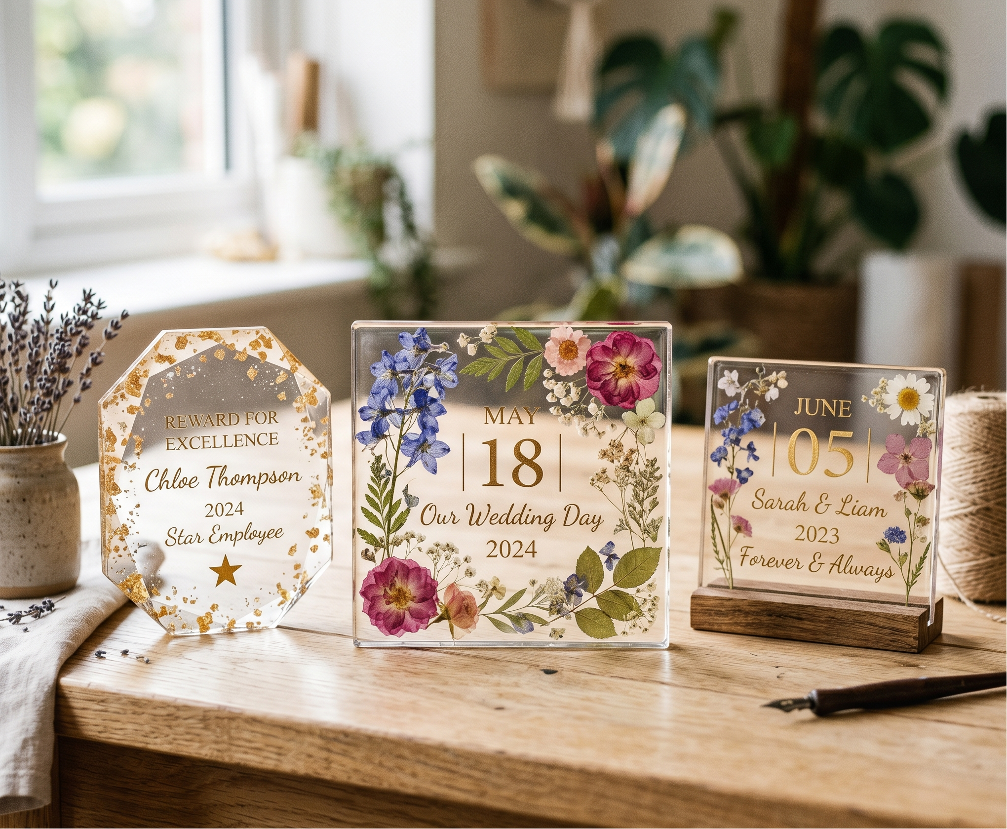Three decorative glass plaques with floral designs on a wooden surface.