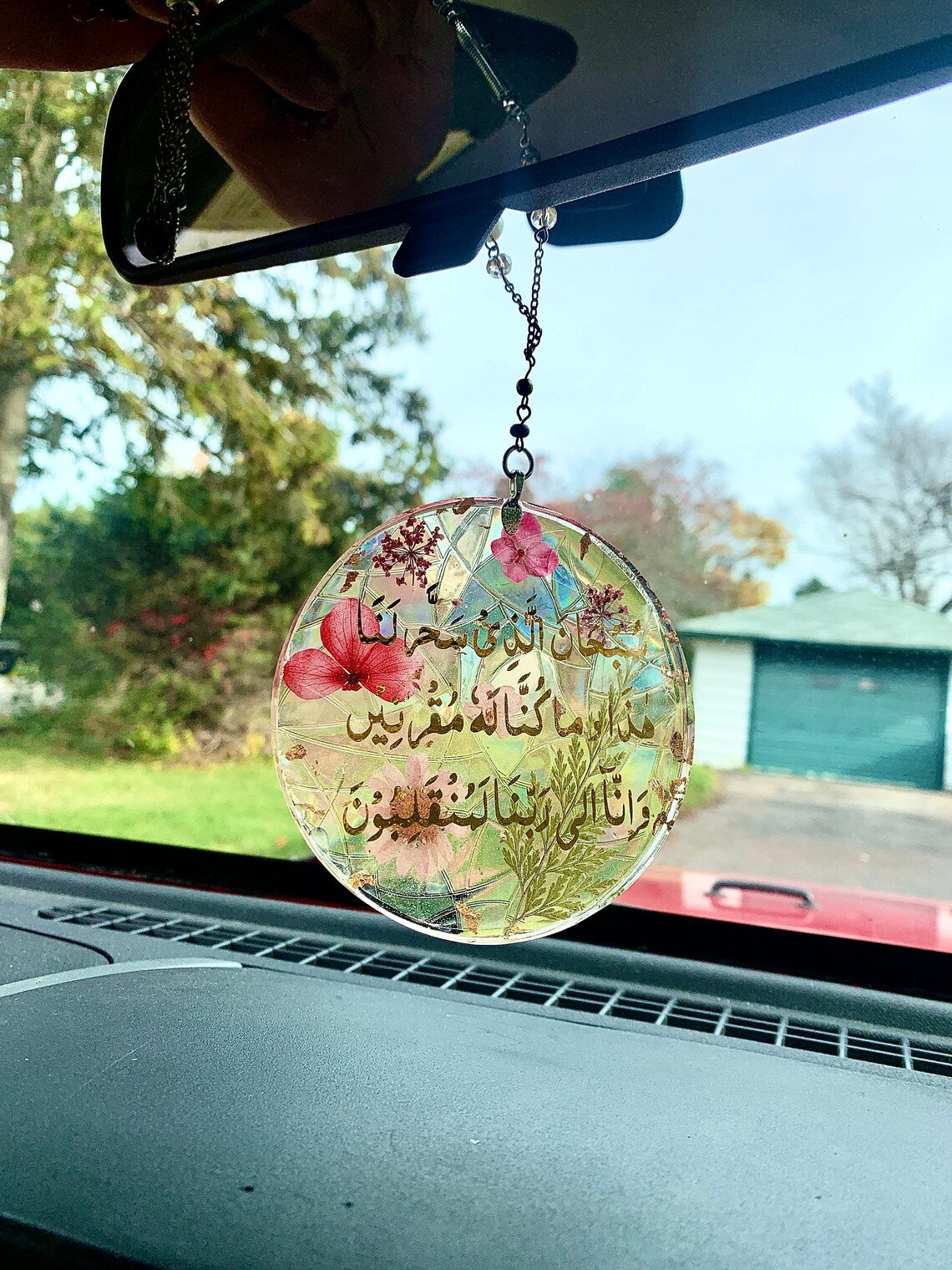 Islamic Car Mirror Hanging Charm: Resin Pendant with Real Flowers